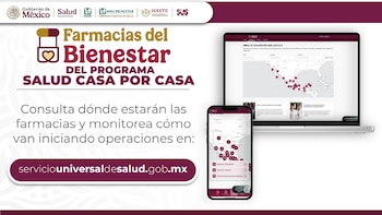 Infografía promocional con logotipos oficiales, un enlace web y pantallas de computadora y teléfono con mapas de México