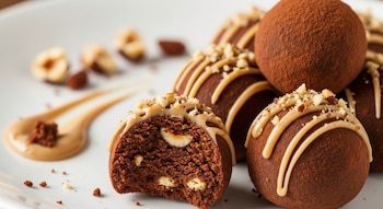 Primer plano de trufas de chocolate con cobertura de avellanas y un glaseado claro. Una trufa está mordida, revelando su interior con avellanas.