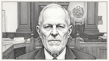 Ilustración en blanco y negro del rostro de un hombre mayor con traje, con una oficina judicial y el escudo de Perú al fondo.