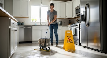Mujer trapea un piso de baldosas en una cocina moderna. Un cubo de limpieza con trapeador y una señal amarilla de 'Piso Mojado' son visibles.