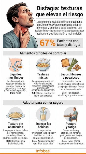 Infografía sobre disfagia con ilustraciones de un hombre tocándose el cuello, alimentos peligrosos, papilla, vasos con líquido y personas comiendo.