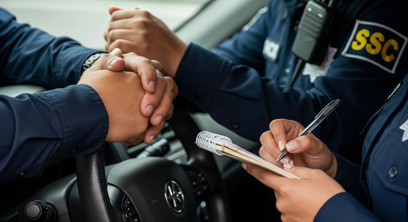 Agentes de la Secretaría de Seguridad Ciudadana de la Ciudad de México interactúan dentro de un vehículo, uno de ellos toma notas en un cuaderno. (Imagen Ilustrativa Infobae)