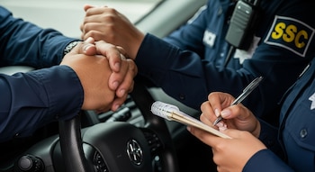 Manos de dos personas, una con uniforme de policía de la SSC CDMX escribiendo en un cuaderno con bolígrafo, y la otra sobre un volante de coche.
