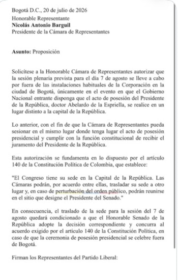 La bancada del Partido Liberal en la Cámara de Representantes presentó una proposición para que la plenaria del 7 de agosto pueda realizarse fuera de Bogotá - crédito Partido Liberal