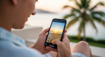 Vista de cerca de una persona usando un teléfono inteligente negro para mostrar una foto de un atardecer en la playa, con palmeras borrosas al fondo.