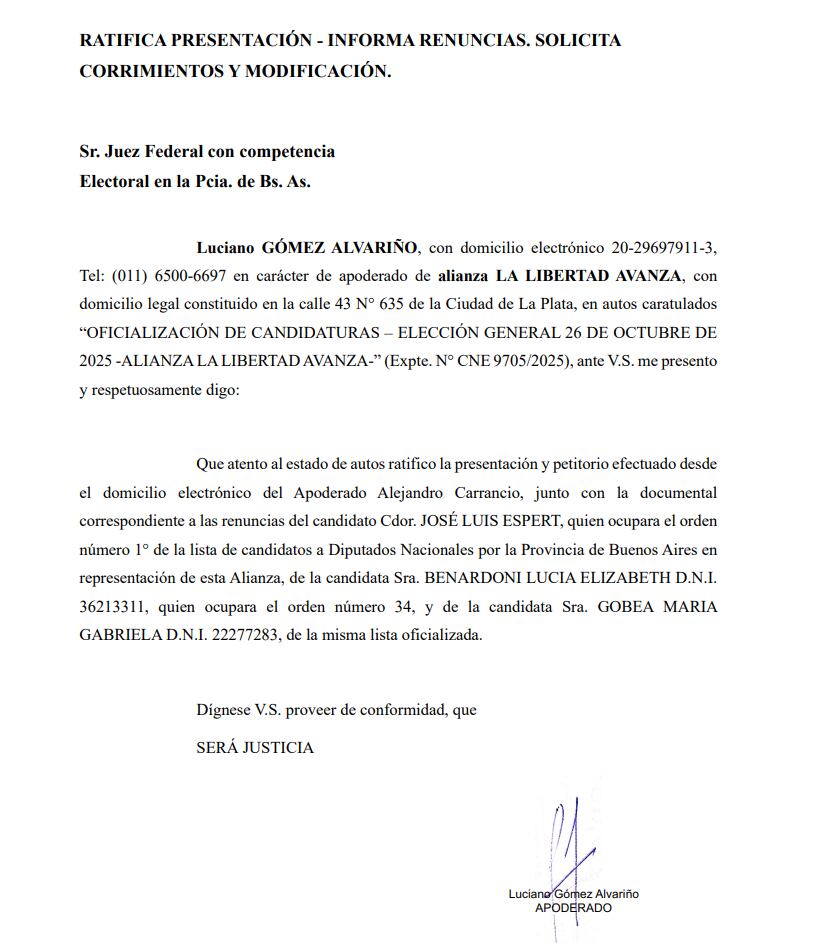 La renuncia de Espert se notificó ante la Justicia Electoral