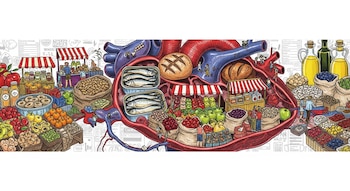 Ilustración de un corazón anatómico como mercado con puestos de panes, sardinas, frutas, verduras, legumbres y aceite de oliva. Pequeñas figuras humanas interactúan.