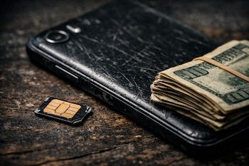 Teléfono celular negro y rayado, chip telefónico, fajo de billetes de cien dólares atados con banda elástica, sobre una superficie de madera rugosa.