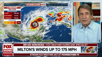 Bryan Norcross, especialista de FOX Weather, informa sobre el huracán Milton, que ha alcanzado vientos de 282 km/h (175 mph) y una presión central de 911 mb. En la imagen satelital, se puede ver la estructura compacta del huracán mientras avanza hacia el este a 15 km/h (9 mph), con riesgo de impactos severos en la costa del Golfo de México y Florida. (Captura FoxWeather)
