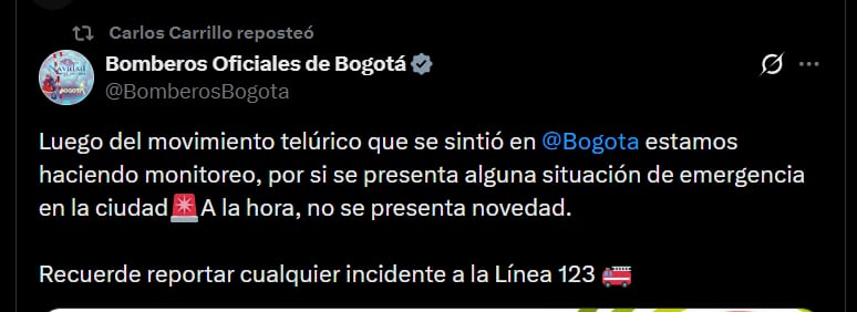 Bomberos de Bogotá sobre el temblor de magnitud 5,8 - crédito X