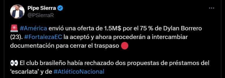 Dylan Borrero sería el tercer refuerzo del América de Cali para la Copa Sudamericana - crédito @PSierraR/X