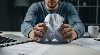 Manos de un joven arrugando fuertemente un papel blanco sobre un escritorio con un portátil cerrado, papeles y una taza de café en un ambiente con luz tenue.