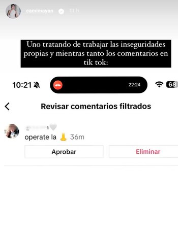 La reacción de Camila Mayán ante un mensaje hater (Instagram)
