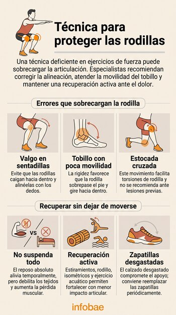 Infografía con ilustraciones sobre la técnica de la rodilla, dibujos de ejercicios de sentadillas, zancadas, zapatillas y un rodillo.