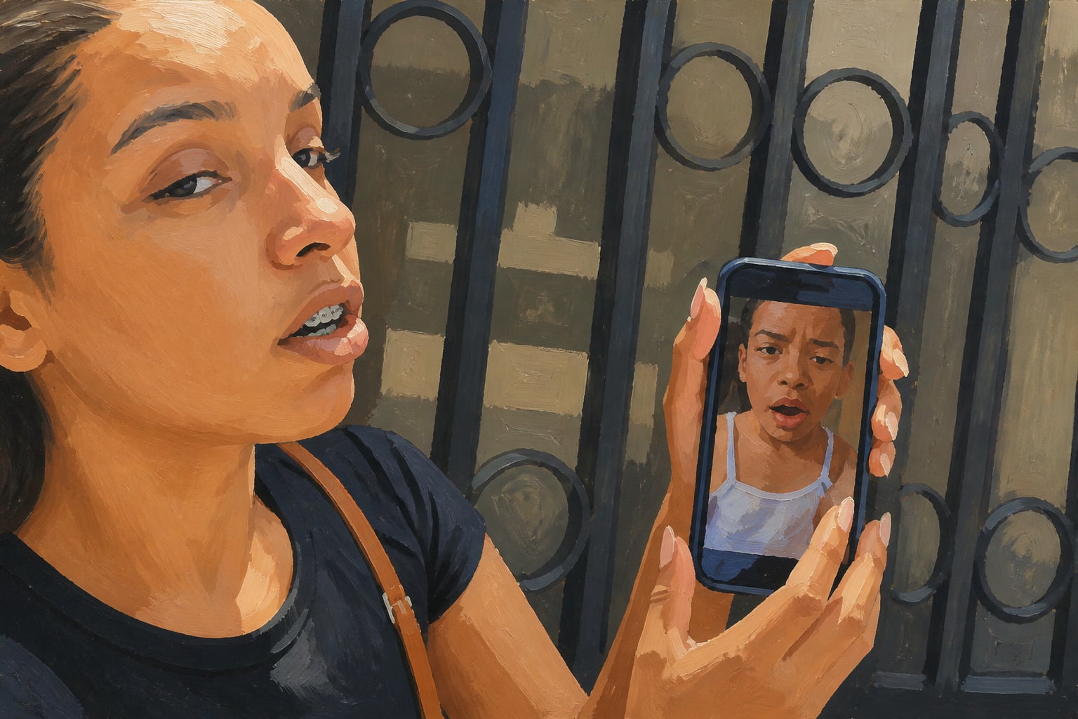 Una mujer sostiene un teléfono inteligente frente a una reja metálica para mostrar una llamada de video en la pantalla. (Imagen Ilustrativa Infobae)