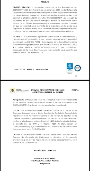 La solicitud para modificar la medida cautelar fue presentada por la Cooperativa Coosalud, representada por el penalista Julián Quintana - crédito Tribunal Administrativo de Bolívar