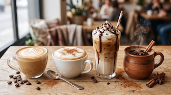 Cuatro vasos y tazas con bebidas de café, granos, canela, anís estrellado y una cuchara sobre una mesa de madera.