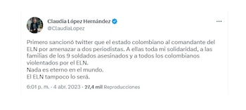 La alcaldesa de Bogotá también rechazó las amenazas de García a las periodistas. Twitter.