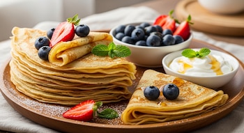 Pila de crepas doradas espolvoreadas con azúcar, adornadas con fresas, arándanos y menta, servidas en una bandeja de madera con yogur y miel.
