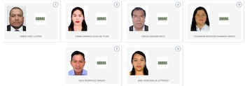 Seis retratos de estudio: tres hombres y tres mujeres, sobre fondo blanco, con sus nombres y el logo "OBRAS" en recuadros individuales