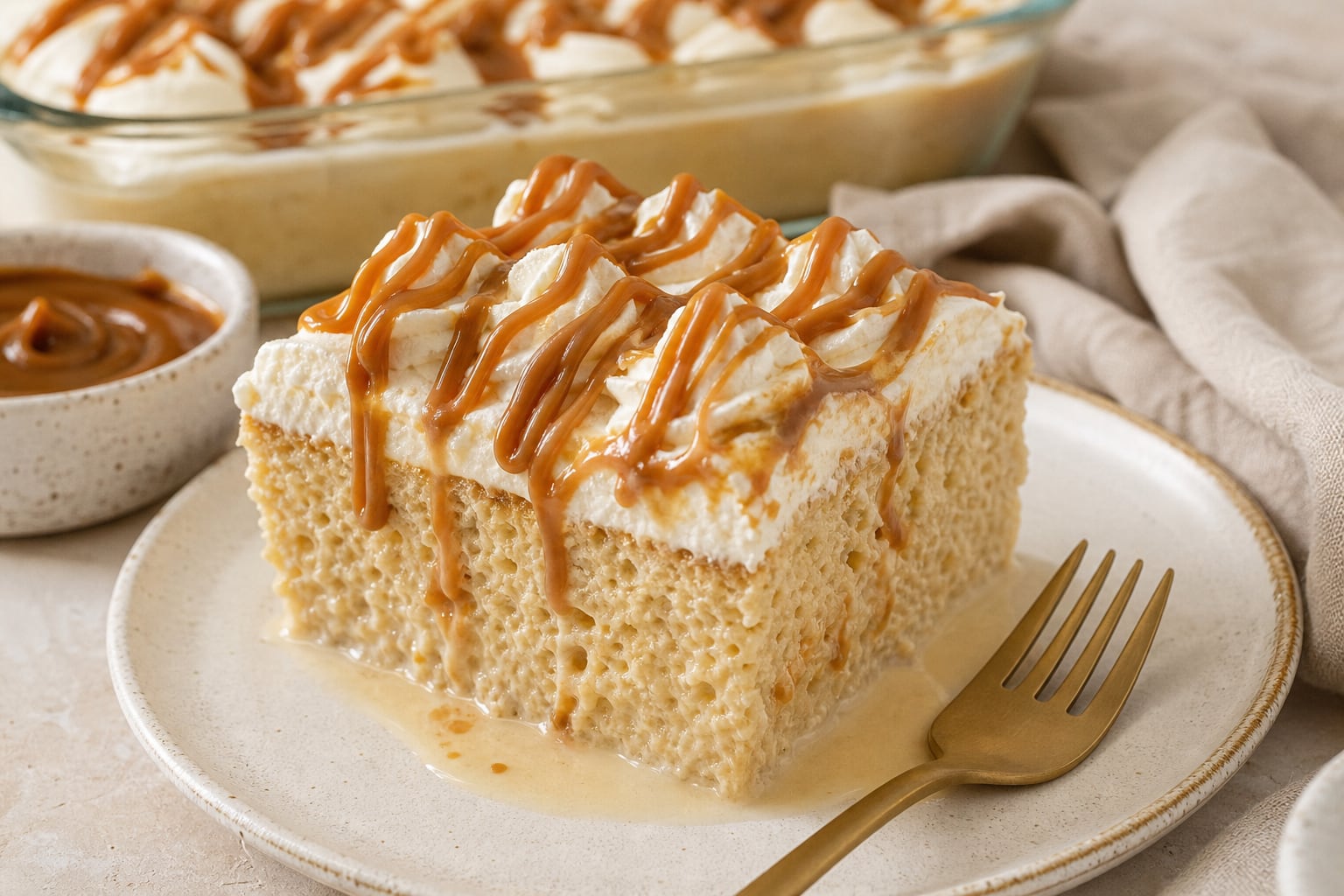 Una porción de pastel de tres leches cubierta con crema y dulce de leche reposa sobre un plato junto a un tenedor. (Imagen Ilustrativa Infobae)