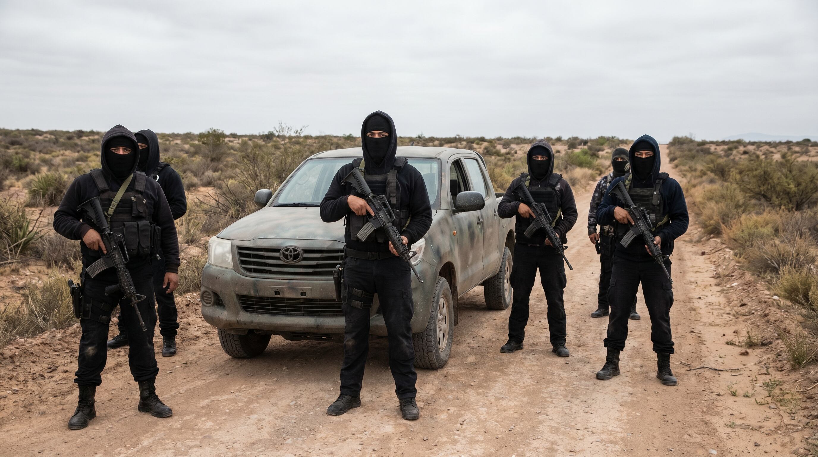Seis individuos encapuchados y armados, identificados como sicarios del “Cartel del Diablo”, posan frente a una camioneta camuflada en un paisaje desértico bajo un cielo nublado. (Imagen Ilustrativa Infobae)