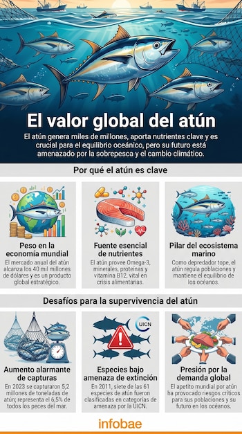 Infografía sobre el valor global del atún, mostrando atunes nadando, barcos pesqueros, iconos de dinero, comida, ecosistemas y amenazas como redes de pesca y advertencias.