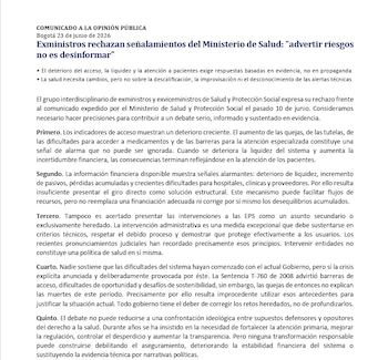 El texto afirmó que la incertidumbre financiera del sector termina reflejándose en la prestación de servicios, y citó pérdidas acumuladas y mayores dificultades para hospitales, clínicas y proveedores en la información disponible - crédito Suministrado