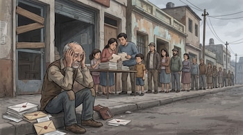 Un anciano con ropa gastada y la cabeza entre las manos, sentado en la acera junto a sobres. Familias y personas hacen fila frente a edificios deteriorados.