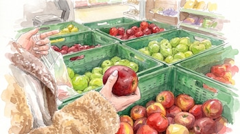 Ilustración en acuarela de las manos de una persona con una manzana roja frente a cajas verdes llenas de manzanas.