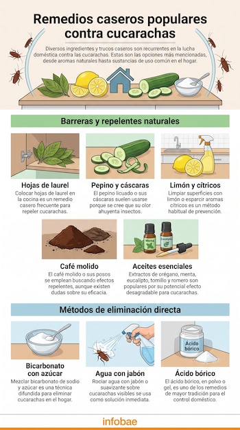 Infografía con ilustraciones de productos caseros como hojas de laurel, pepino, limón, café molido, aceites esenciales, bicarbonato, jabón y ácido bórico.
