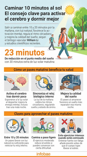 Infografía con ilustraciones de personas caminando al sol, un reloj, un cerebro y texto sobre los beneficios de la luz solar matutina.