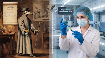 Ilustración de un médico de la peste, texto 'Peste, Anno 1656', frascos. Científica con mascarilla, gafas, vial y jeringa. Pantalla digital con 'Plague Vaccine Development, 2024'.