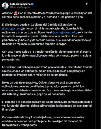 El ministro del Trabajo, Antonio Sanguino, anunció la radicación de un recurso de súplica ante el Consejo de Estado para revertir la suspensión del Decreto 415 de 2026 - crédito Antonio Sanguino/X