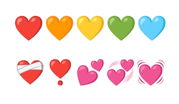 Diez corazones de estilo clip art: cinco de colores lisos, uno vendado, uno con punto rojo, dos pequeños, dos en movimiento, uno vibrando