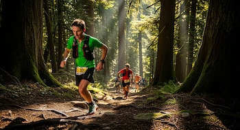 Atleta con camiseta verde y dorsal 37 corre en un sendero forestal iluminado por el sol. Otros corredores detrás, rodeados de árboles grandes y raíces.