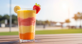 Vaso de licuado de tres capas (naranja, amarilla y rosa) con gotas de condensación, decorado con una fresa y una rodaja de plátano, sobre una mesa de madera al aire libre bajo el sol.