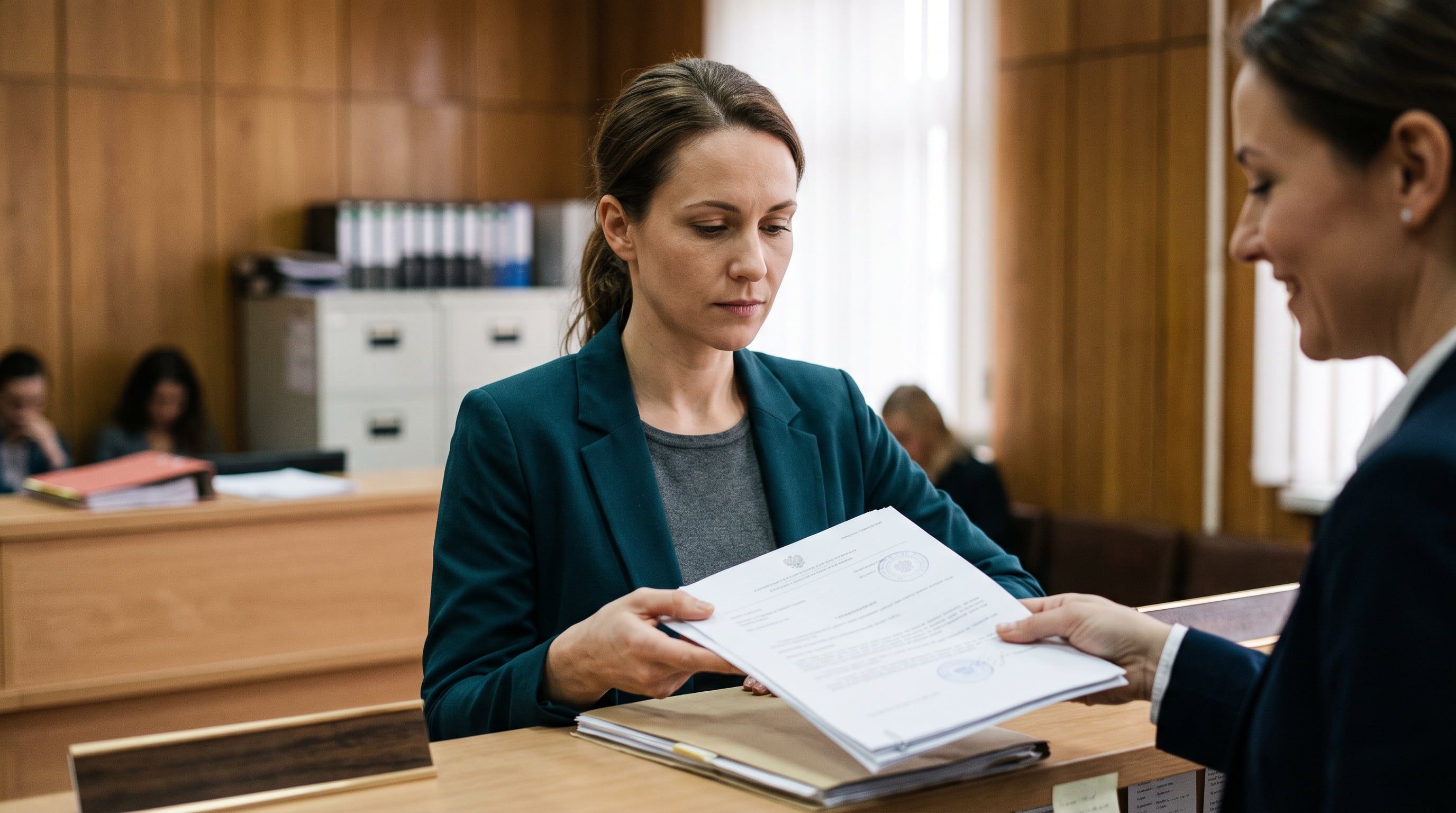 Una mujer recibe un documento oficial sellado en el mostrador de una oficina pública. (Imagen Ilustrativa Infobae)