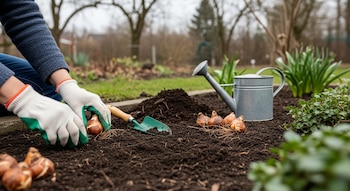 Manos con guantes blancos y verdes plantando bulbos en tierra oscura con una pala verde. Se observan más bulbos y una regadera metálica en un jardín.