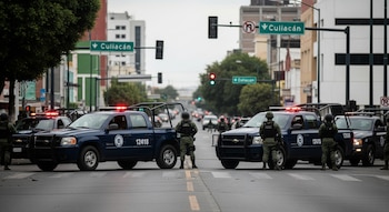 Calle de Culiacán con patrullas de la Guardia Nacional y soldados armados en posición de resguardo. Se ven luces intermitentes y señales viales que indican 'Culiacán'.