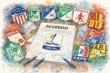Ilustración acuarela de un documento con la palabra ACUERDO y el logo de Liga BetPlay, rodeado por diez escudos de equipos de fútbol colombiano y tres plumas.