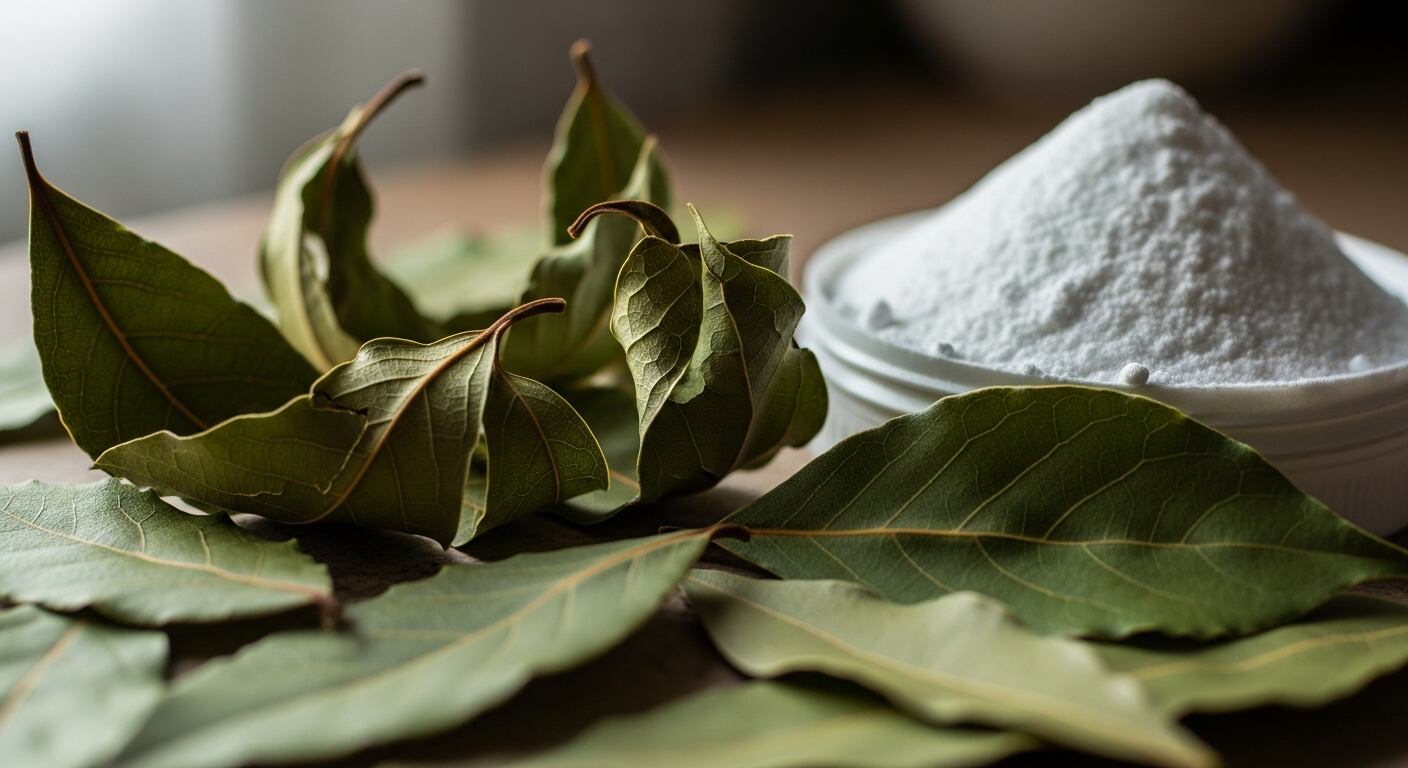 La imagen muestra hojas de laurel frescas y secas junto a un recipiente blanco lleno de sal, resaltando su uso común como ingredientes clave para dar sabor a diversas preparaciones gastronómicas alrededor del mundo. (Imagen Ilustrativa Infobae)