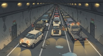 Ilustración de un túnel vial subterráneo con un gran atasco de tráfico. Un coche beige se queda sin gasolina, mientras una grúa y otros vehículos esperan.