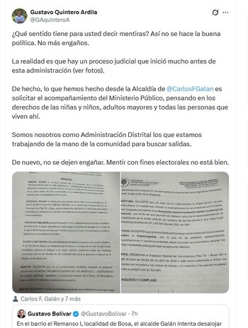 Desde la Alcaldía de Bogotá, la respuesta llegó a través del secretario de Gobierno, Gustavo Quintero Ardila, que rechazó las afirmaciones de Gustavo Bolívar - crédito @GAquinteroA/X