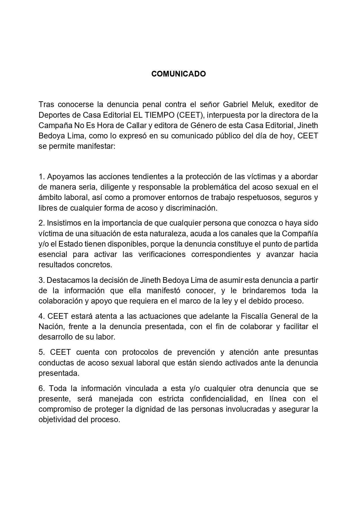La Casa Editorial El Tiempo expresó su apoyo ante las medidas tomadas por Jineth Bedoya, llevando las denuncias contra Gabriel Meluk ante la Fiscalía - crédito @ELTIEMPO/X