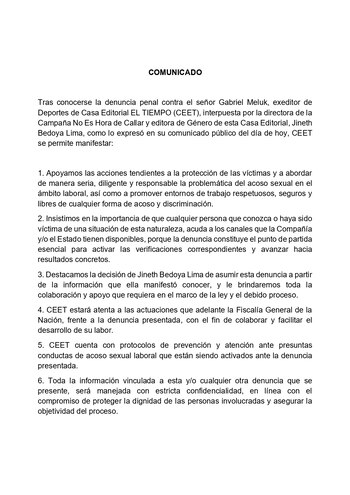 A Casa Editorial El Tiempo manifestou seu apoio às medidas tomadas por Jineth Bedoya, levando a denúncia contra Gabriel Meluk ao Ministério Público - crédito @ELTIEMPO/X
