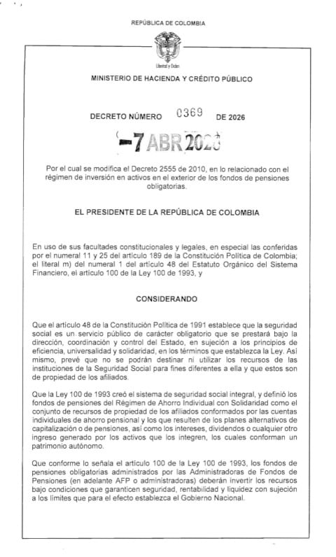 El Decreto 0369 de 2026 establece un límite global del 30% a la inversión en activos en el exterior, con implementación progresiva y salvaguardas para proteger el ahorro de los afiliados - crédito Ministerio de Hacienda