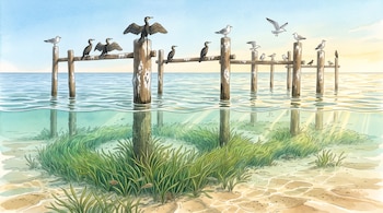 Ilustración con aves sobre pilotes de madera en la superficie y plantas marinas en un fondo arenoso bajo el agua