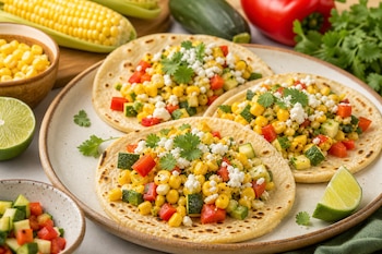Tres tortillas con maíz, pimiento rojo, calabacín y queso fresco en un plato, rodeadas de limones, maíz en mazorca y cuencos con ingredientes.