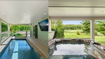 Dos imágenes: una piscina alargada cubierta y un jacuzzi exterior con agua clara, ambos con vistas a un paisaje verde con lago y árboles